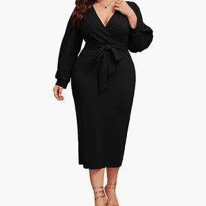 V-Neck Belted Bodycon Black Dress